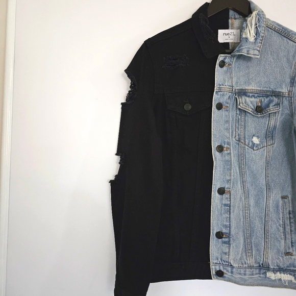 Rue 21 Unisex Small Destressed Color Block Black & Blue 100% Cotton Demin Jacket - Picture 6 of 13